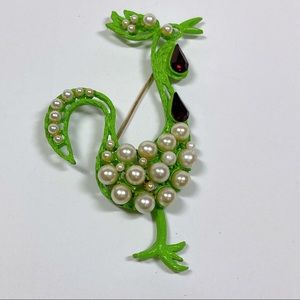 Vintage Green Enamel and Faux Pearl Rooster Brooch Pin